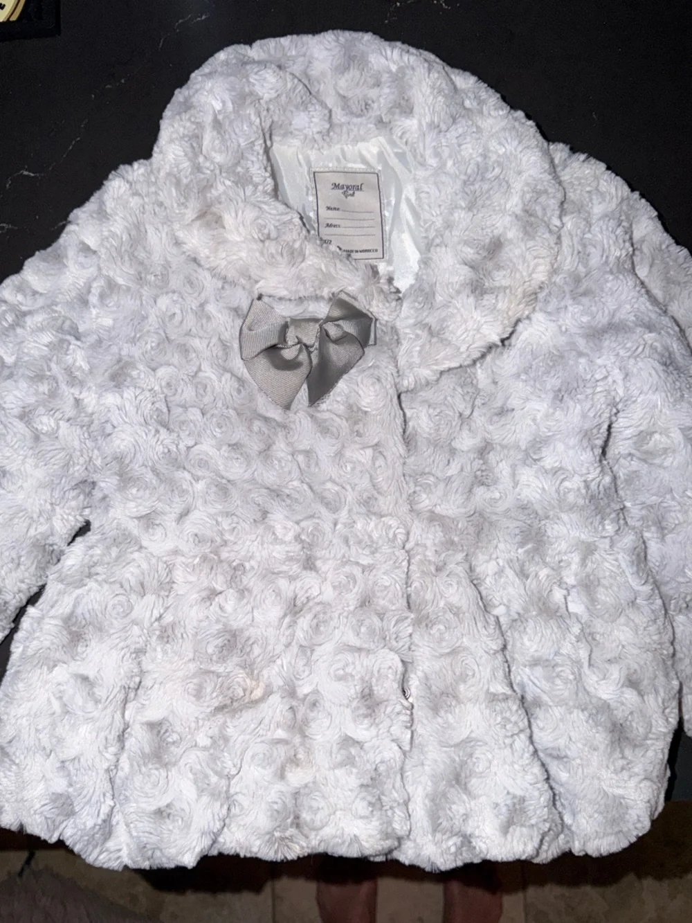 Mayoral White Plush Faux Fur Rosette Puffer Jacket with Bow